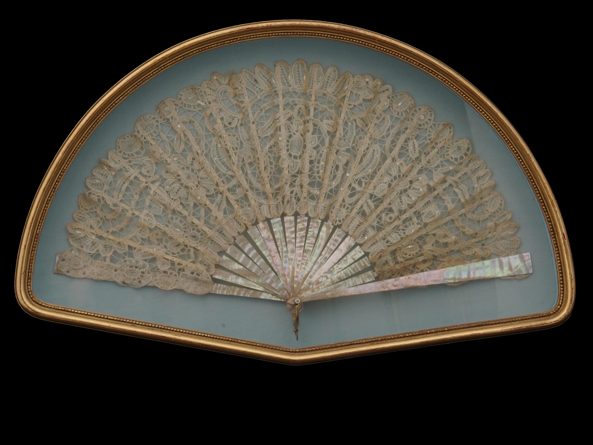 MOTHER OF PEARL AND LACE FAN IN THE SHADOW BOX PIC-0